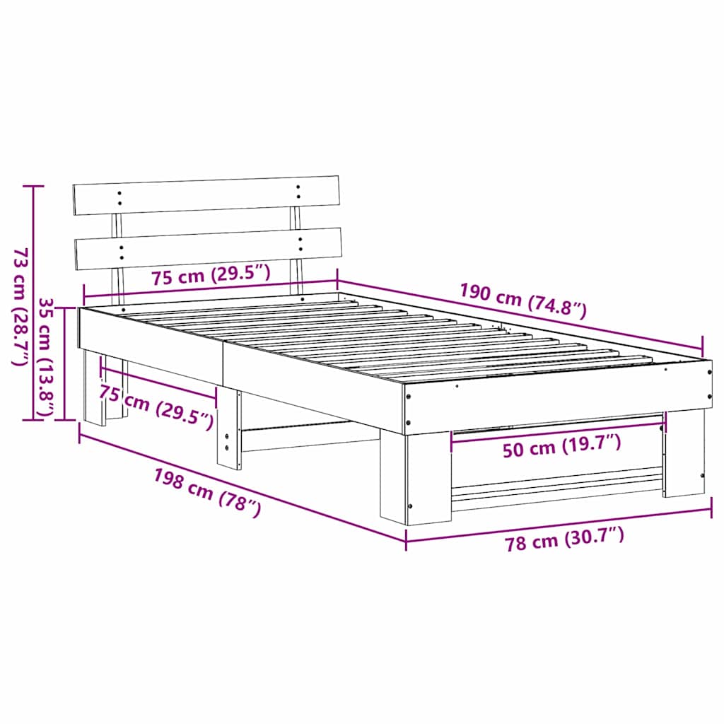 Bed Frame with Headboard Brown 75 x 190 cm Solid Pine Wood
