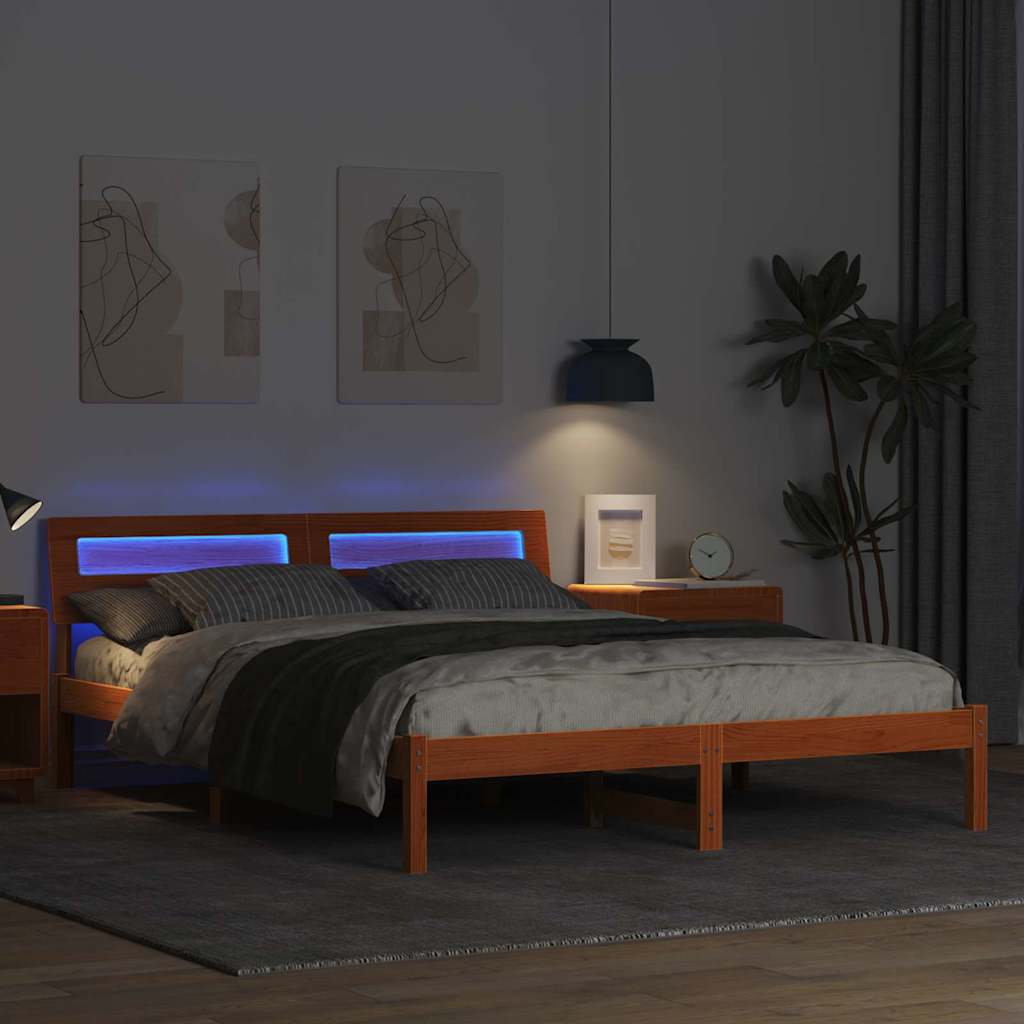 Bed Frame with Headboard Wax Brown 160 x 200 cm Solid Pine Wood