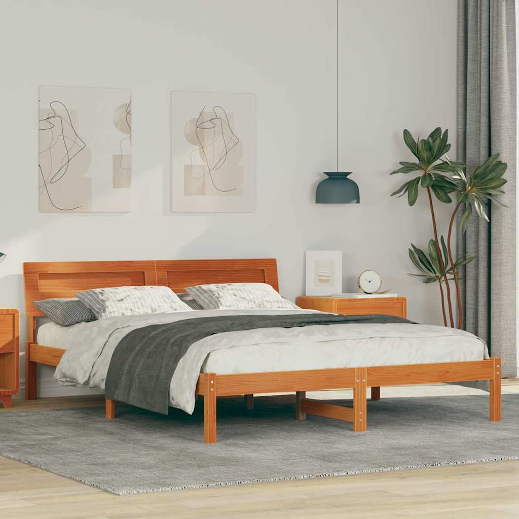 Bed Frame with Headboard Wax Brown 160 x 200 cm Solid Pine Wood
