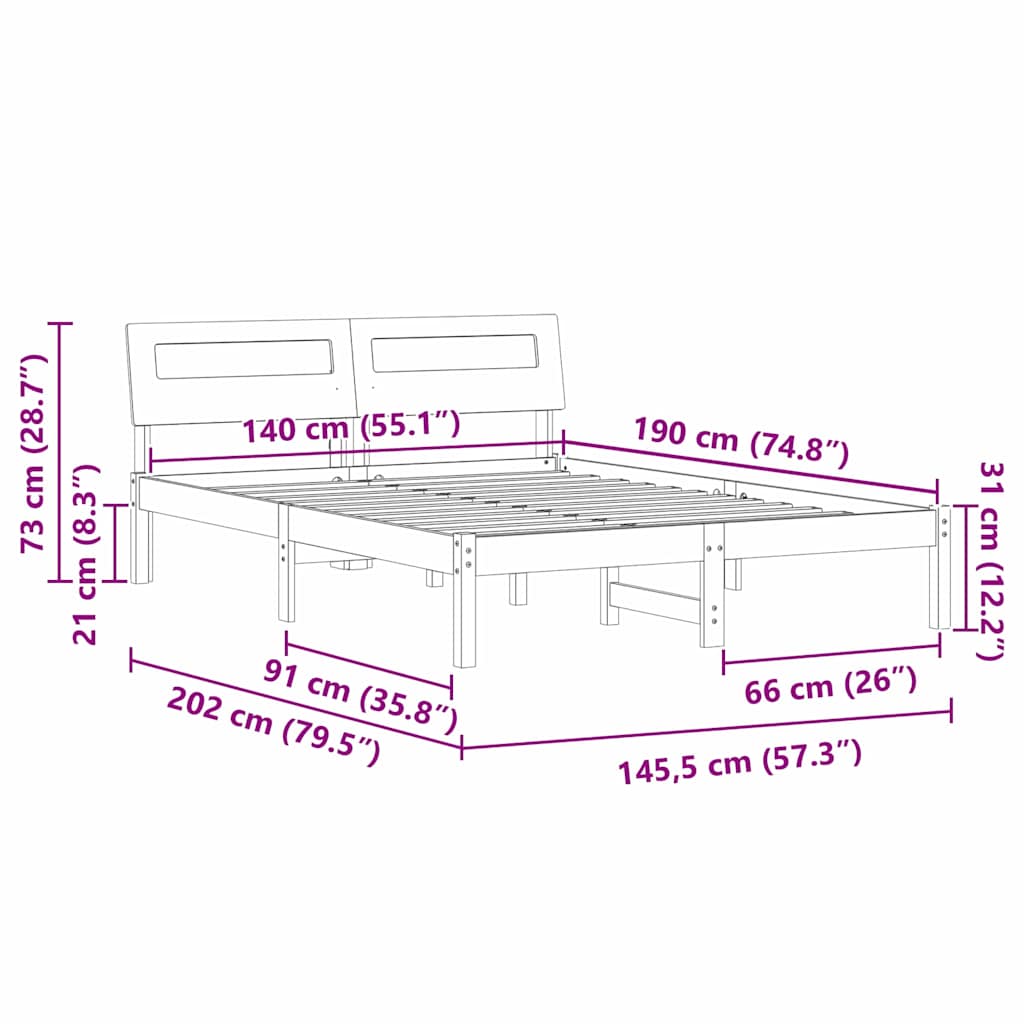Bed Frame with Headboard White 140 x 190 cm Solid Pine Wood