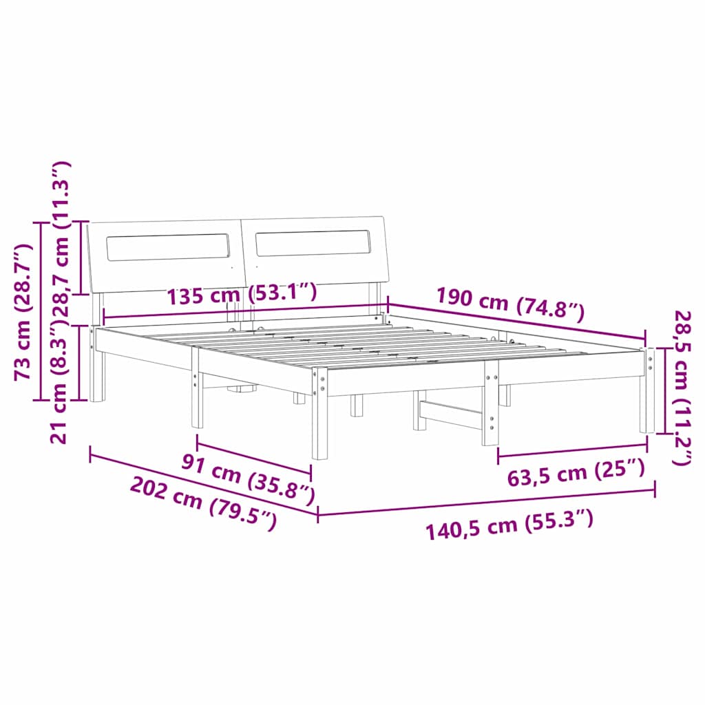 Bed Frame with Headboard White 135 x 190 cm Solid Pine Wood
