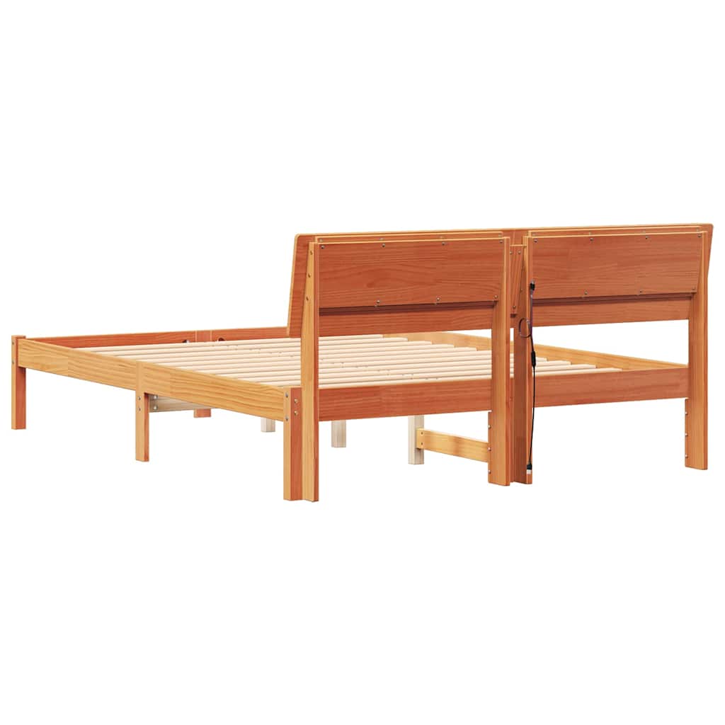 Bed Frame with Headboard Wax Brown 135 x 190 cm Solid Pine Wood