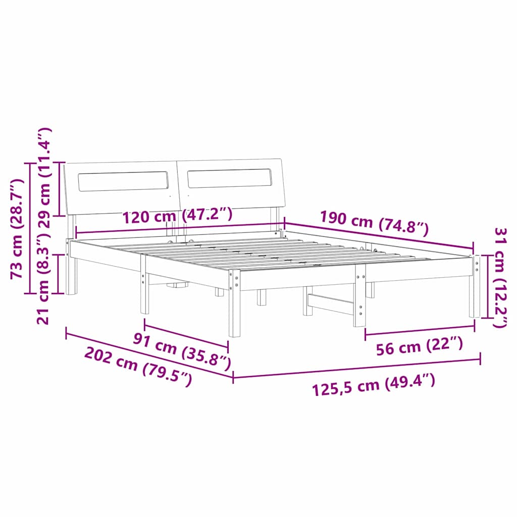 Bed Frame with Headboard White 120 x 190 cm Solid Pine Wood