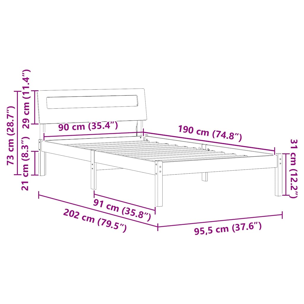 Bed Frame with Headboard Brown 90 x 190 cm Solid Pine Wood