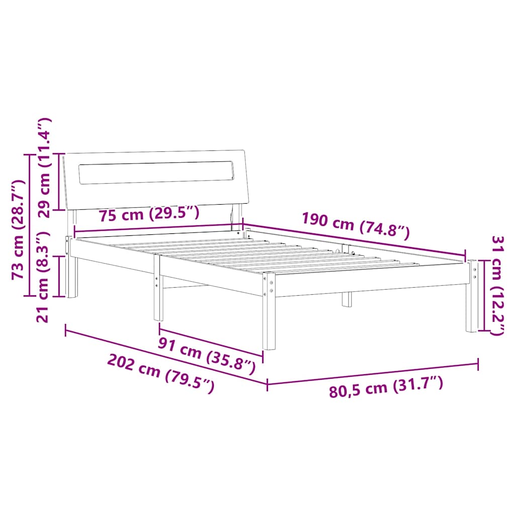 Bed Frame with Headboard Wax Brown 75 x 190 cm Solid Pine Wood