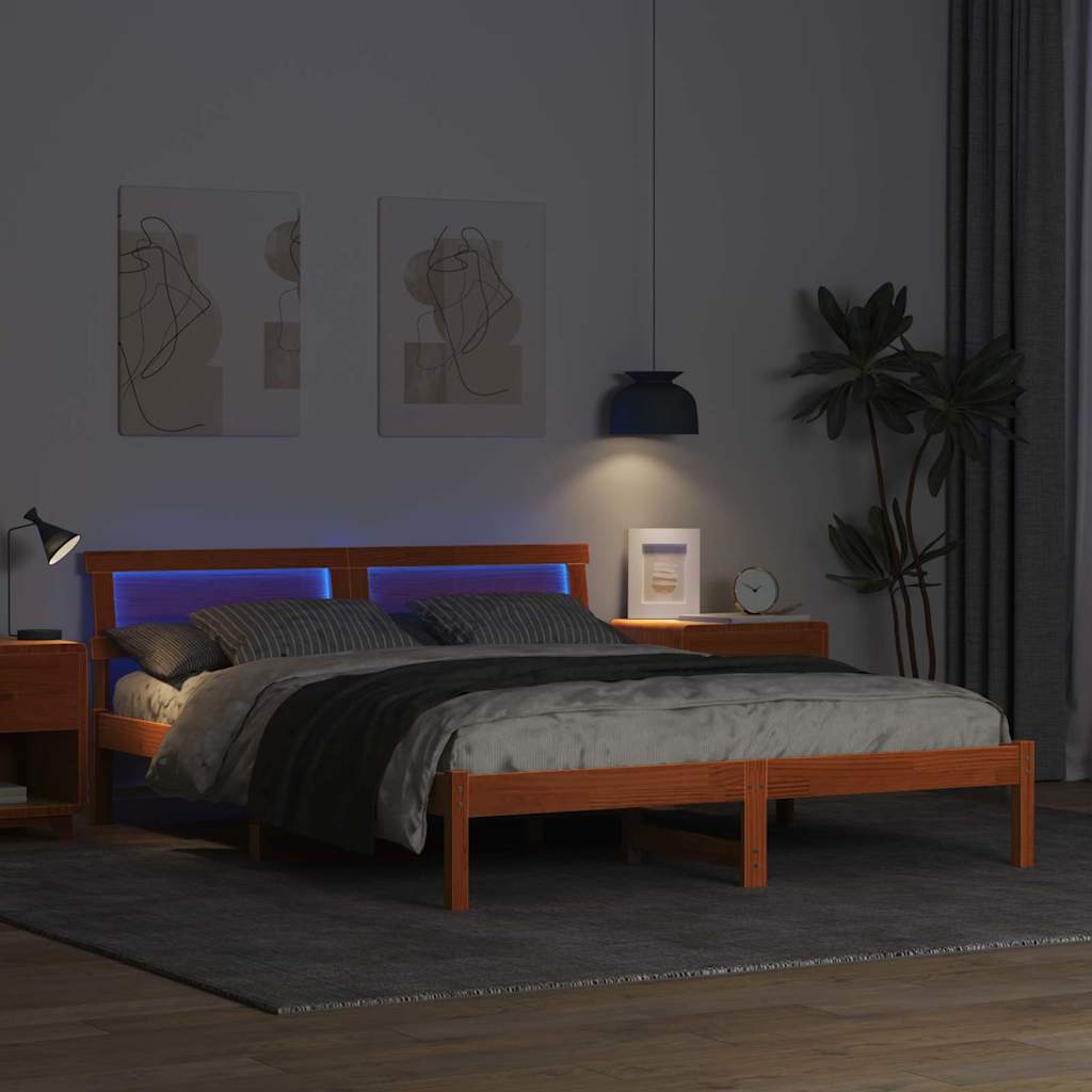 Bed Frame with Headboard Wax Brown 160 x 200 cm Solid Pine Wood
