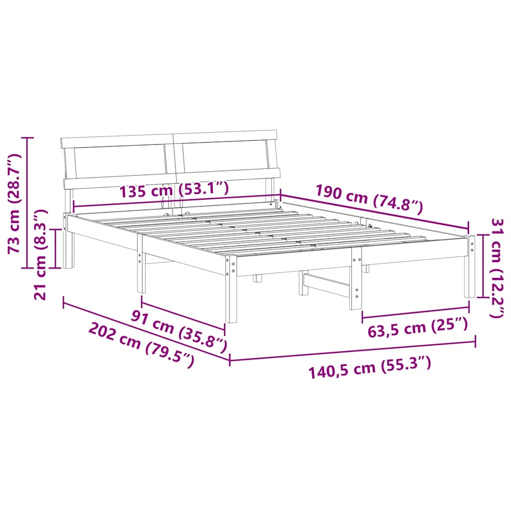 Bed Frame with Headboard Wax Brown 135 x 190 cm Solid Pine Wood