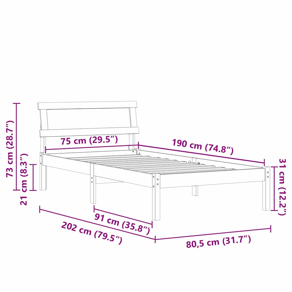 Bed Frame with Headboard White 75 x 190 cm Solid Pine Wood