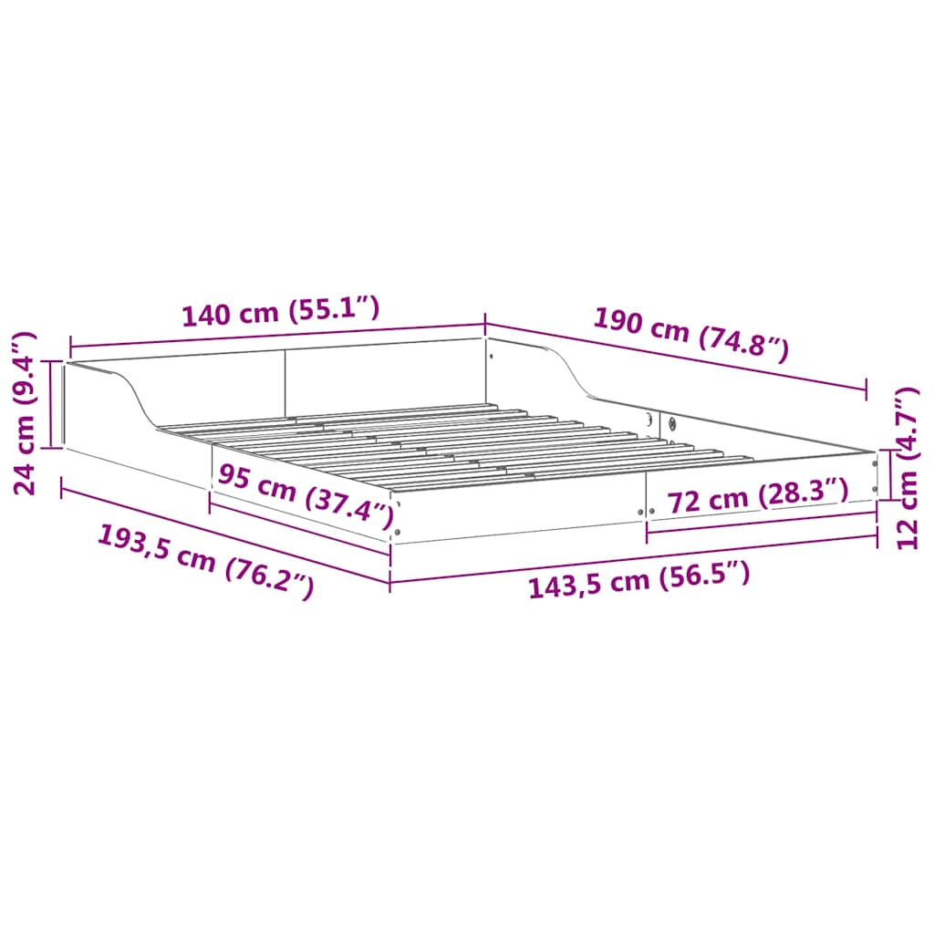 Bed Frame White 140 x 190 cm Solid Pine Wood