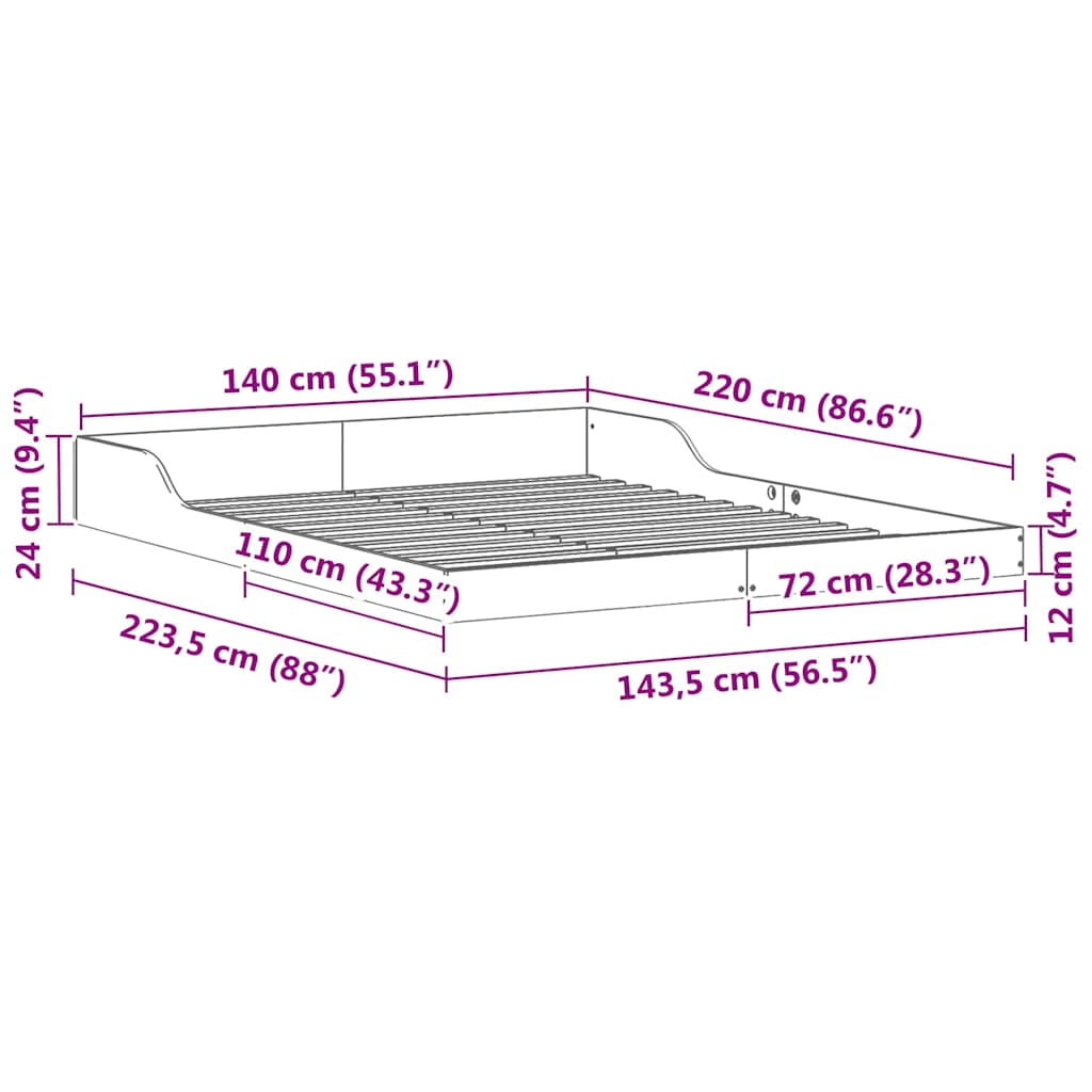 Bed Frame White 140 x 220 cm Solid Pine Wood