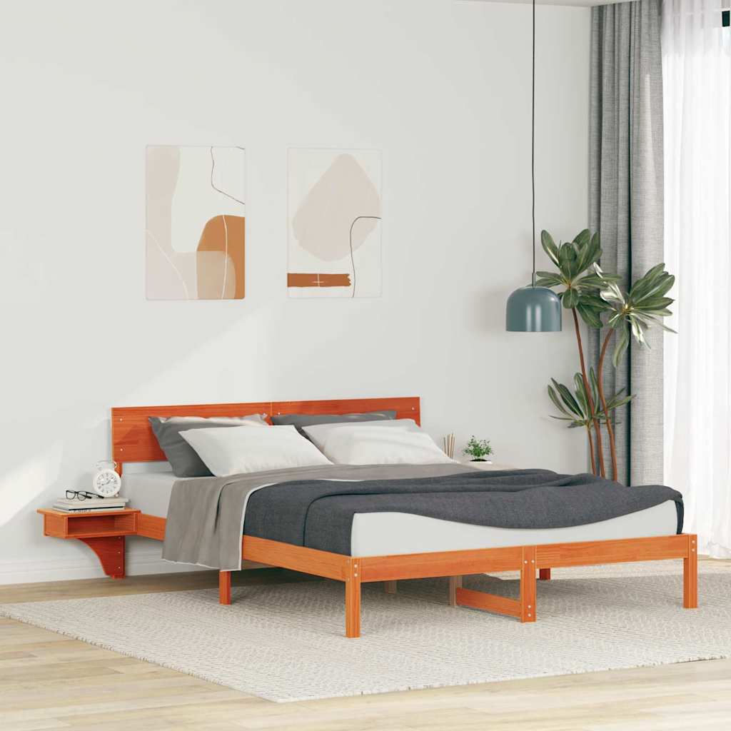 Bed Frame with Headboard Wax Brown 160 x 200 cm Solid Pine Wood