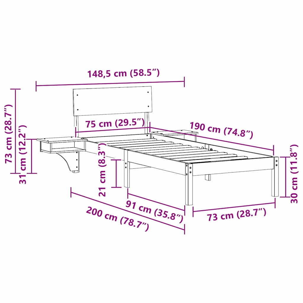 Bed Frame with Headboard Wax Brown 75 x 190 cm Solid Pine Wood