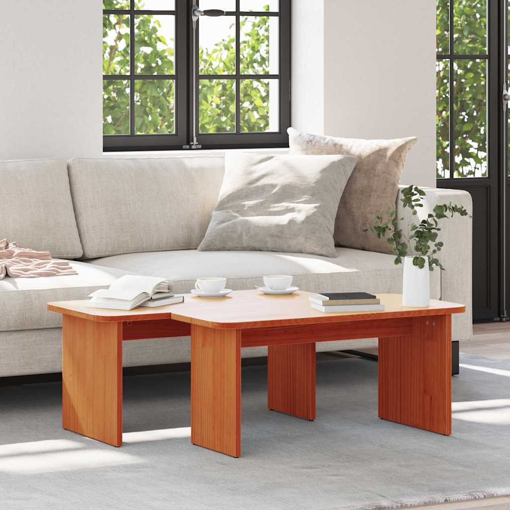 Coffee Table 2 pcs Wax Brown Solid pine wood