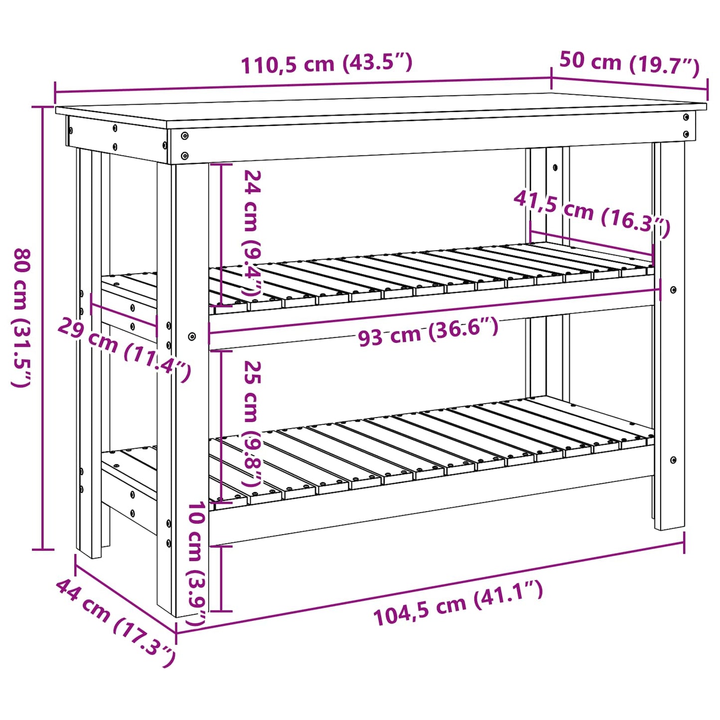 Work Bench Wax brown 110.5 x 50 x 80 cm Solid pine wood