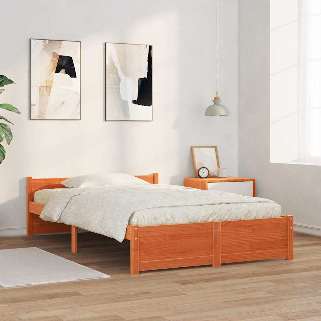 Bed Frame Wax Brown 205.5 x 125.5 x 51 cm Solid Pine Wood