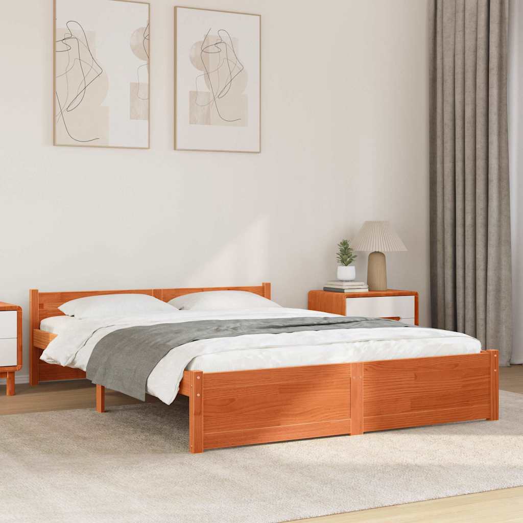 Bed Frame Wax Brown 205.5 x 145.5 x 51 cm Solid Pine Wood