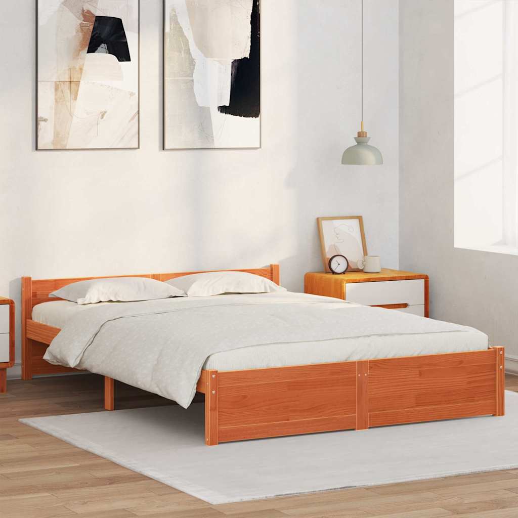 Bed Frame Wax Brown 205.5 x 155.5 x 51 cm Solid Pine Wood