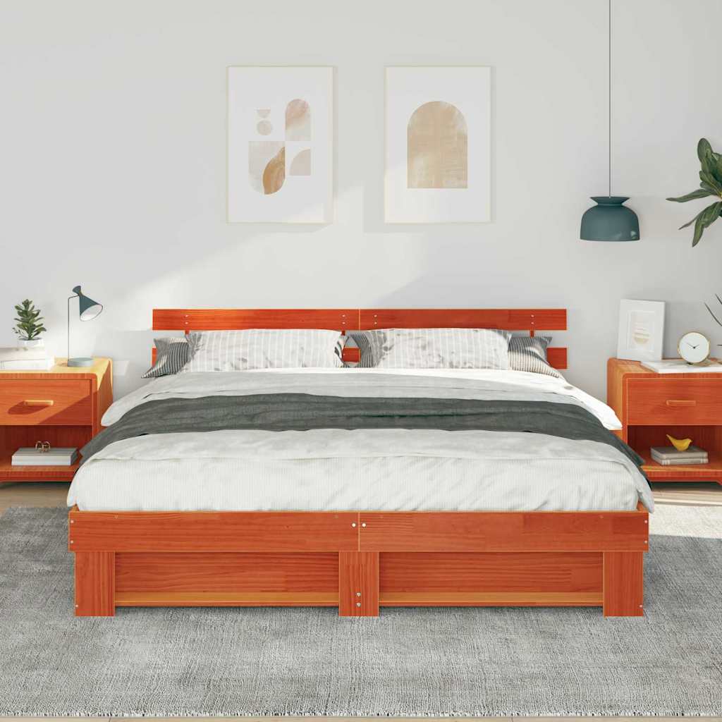 Bed Frame with Headboard Brown 200 x 200 cm Solid Pine Wood