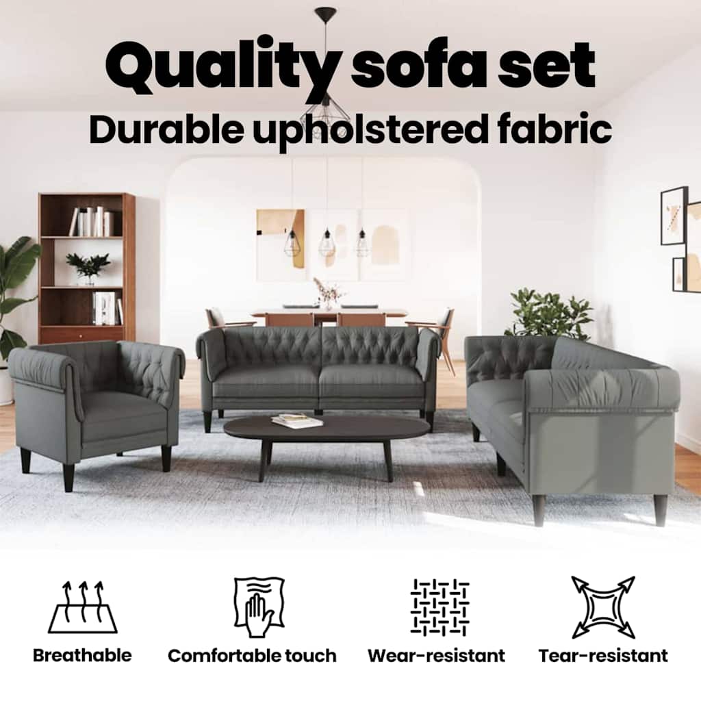 Living Room Couch 3 pcs Dark Grey 201.5 x 74.5 x 74.5 cm Fabric