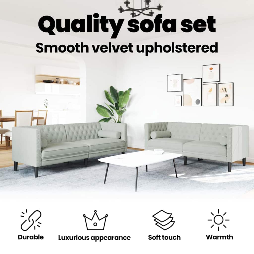 Living Room Couch 2 pcs Light Grey 194 x 74.5 x 70.5 cm Velvet