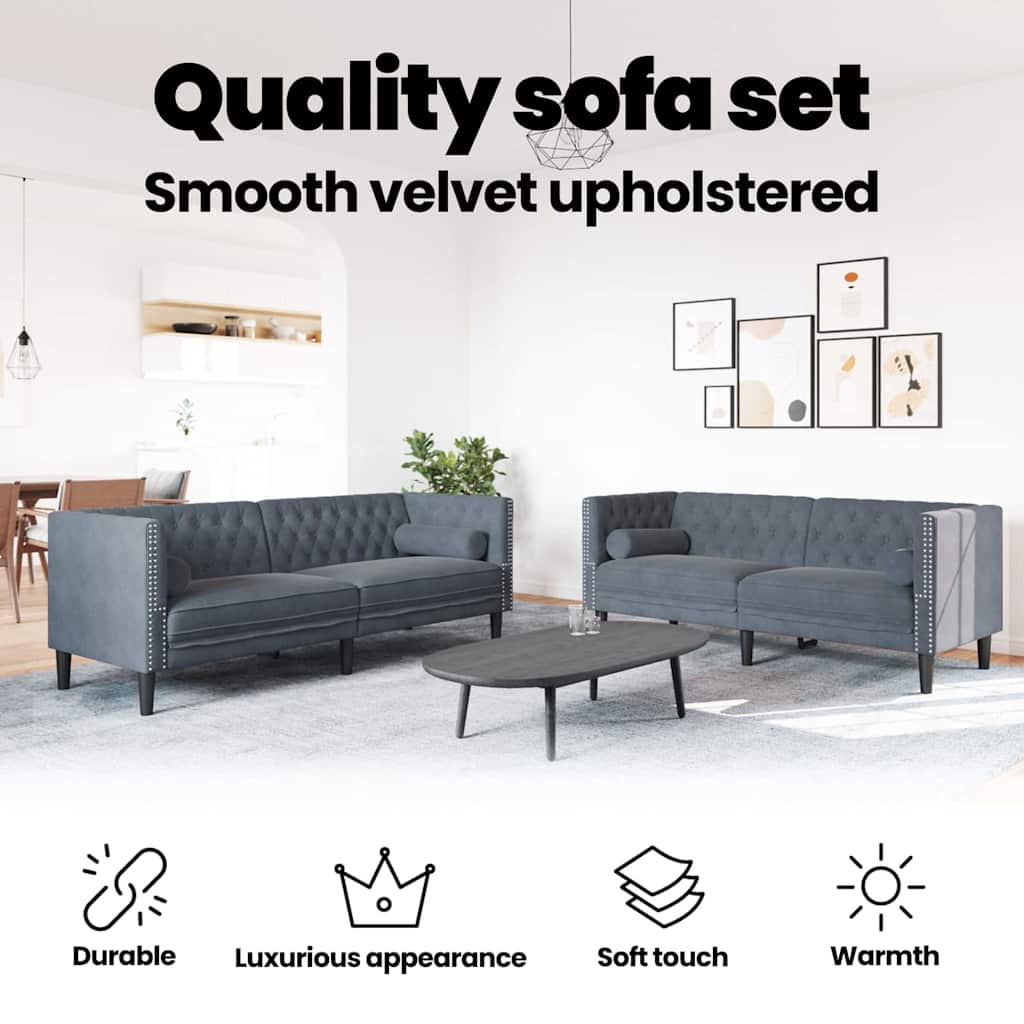Living Room Couch 2 pcs Dark Grey 194 x 74.5 x 70.5 cm Velvet