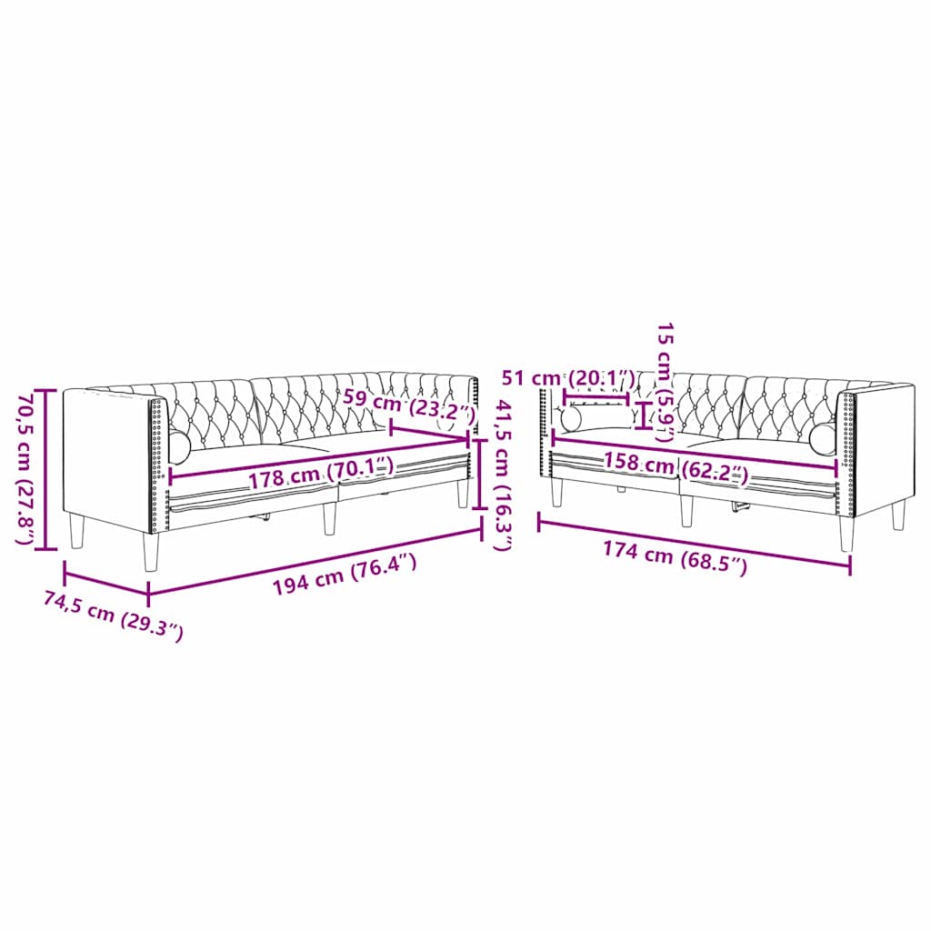 Living Room Couch 2 pcs Dark Grey 194 x 74.5 x 70.5 cm Velvet