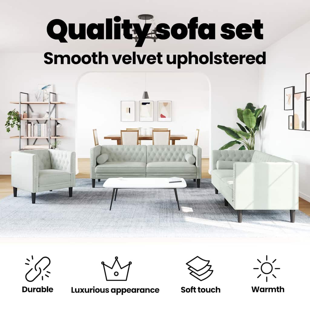 Living Room Couch 3 pcs Light Grey 194 x 74.5 x 70.5 cm Velvet