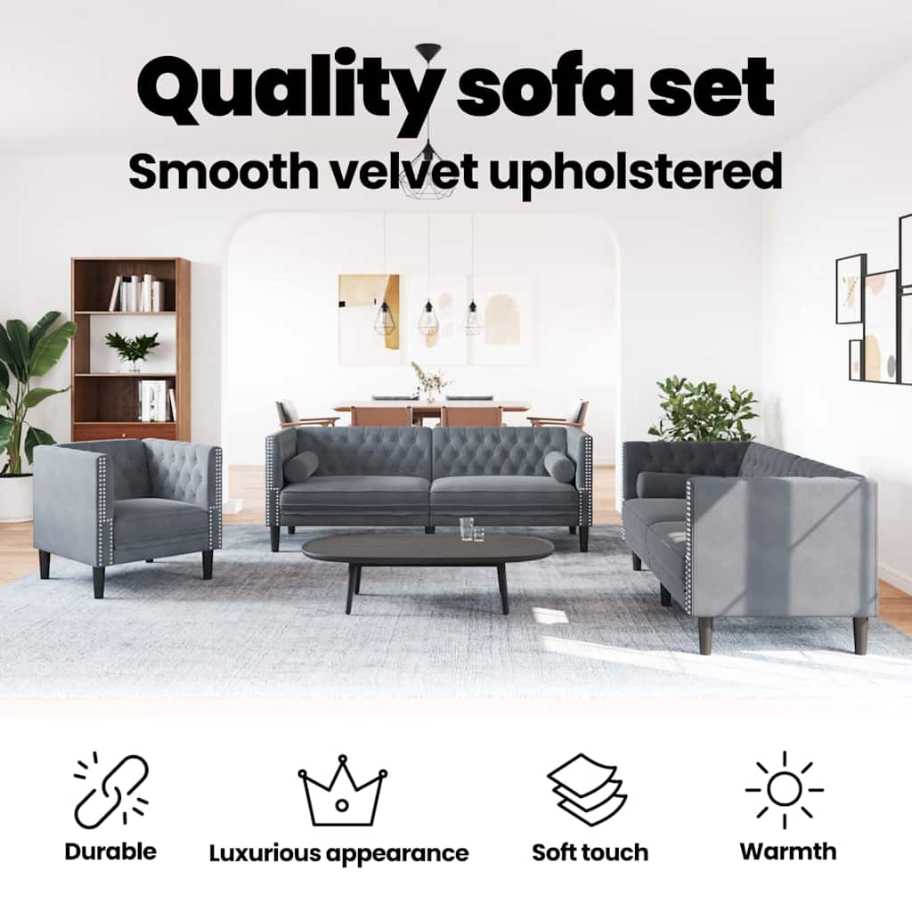 Living Room Couch 3 pcs Dark Grey 194 x 74.5 x 70.5 cm Velvet