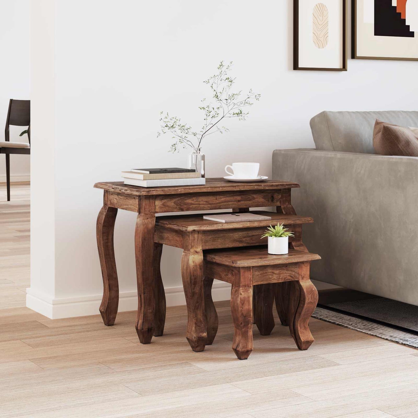 Nesting Table 3 pcs Brown Solid Mahogany wood