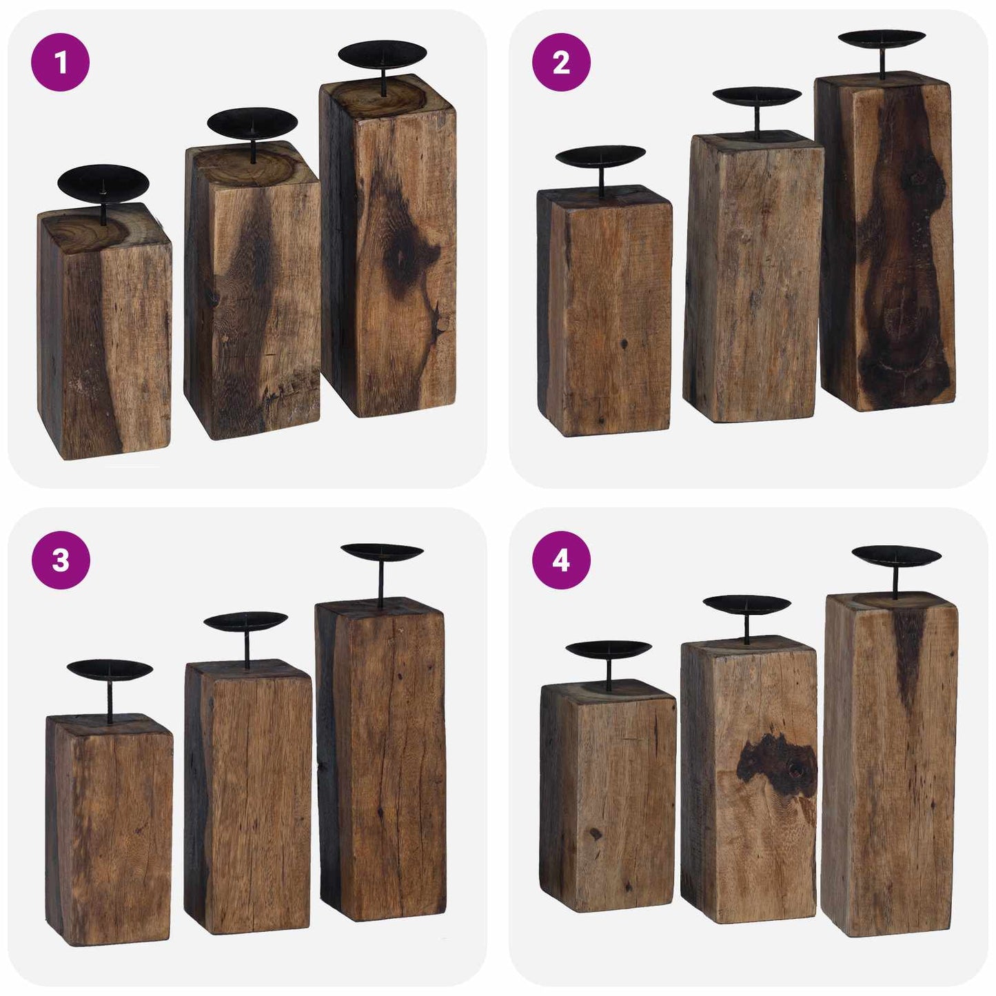 Candle Holder 3 pcs Natural Solid Reclaim wood