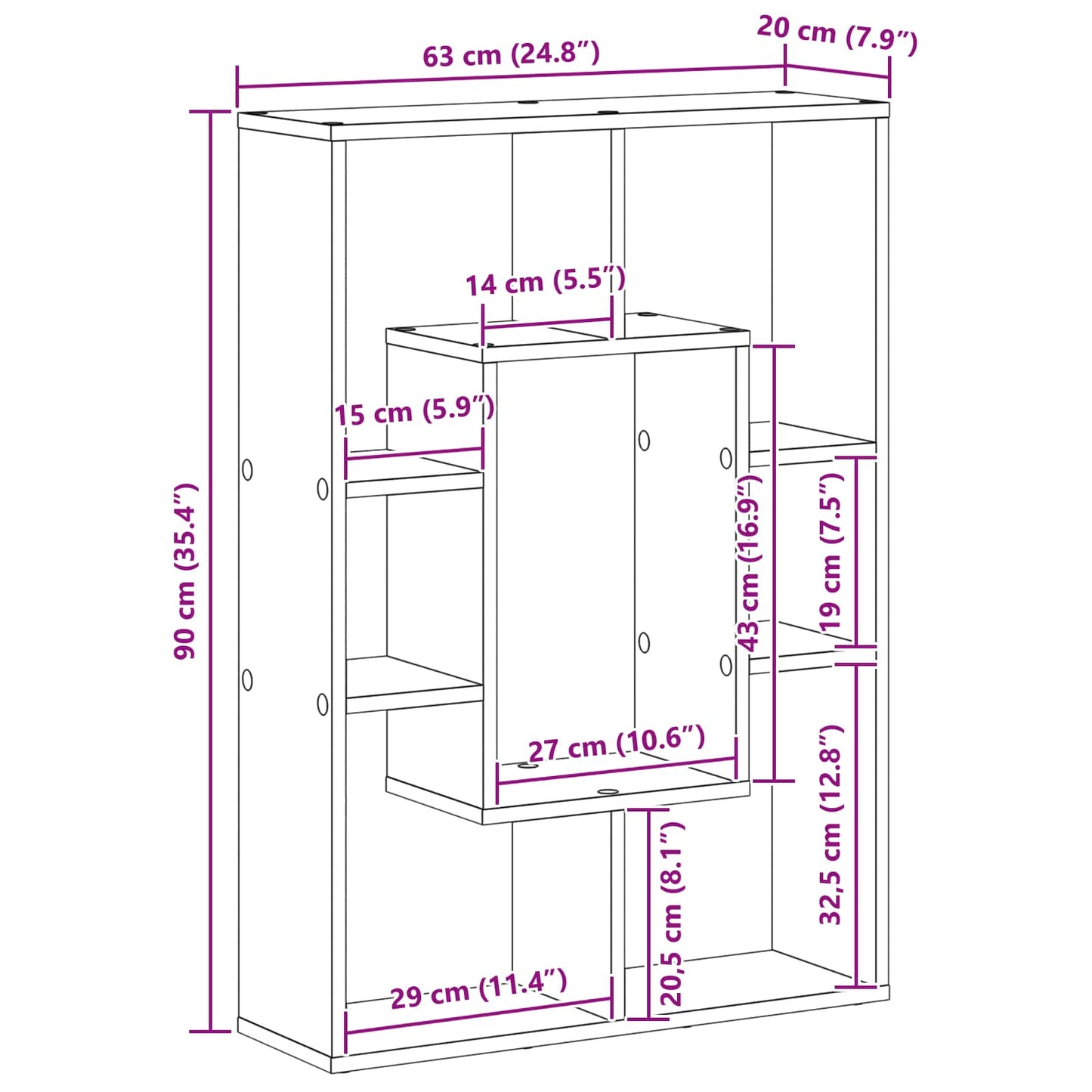 Book Cabinet 7-Tier 63 x 20 x 90 cm Engineered Wood Black Oak