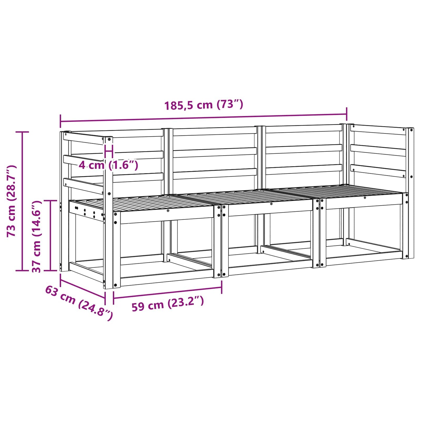 Outdoor Sofa Set 3 pcs White 185.5 x 63 x 73 cm