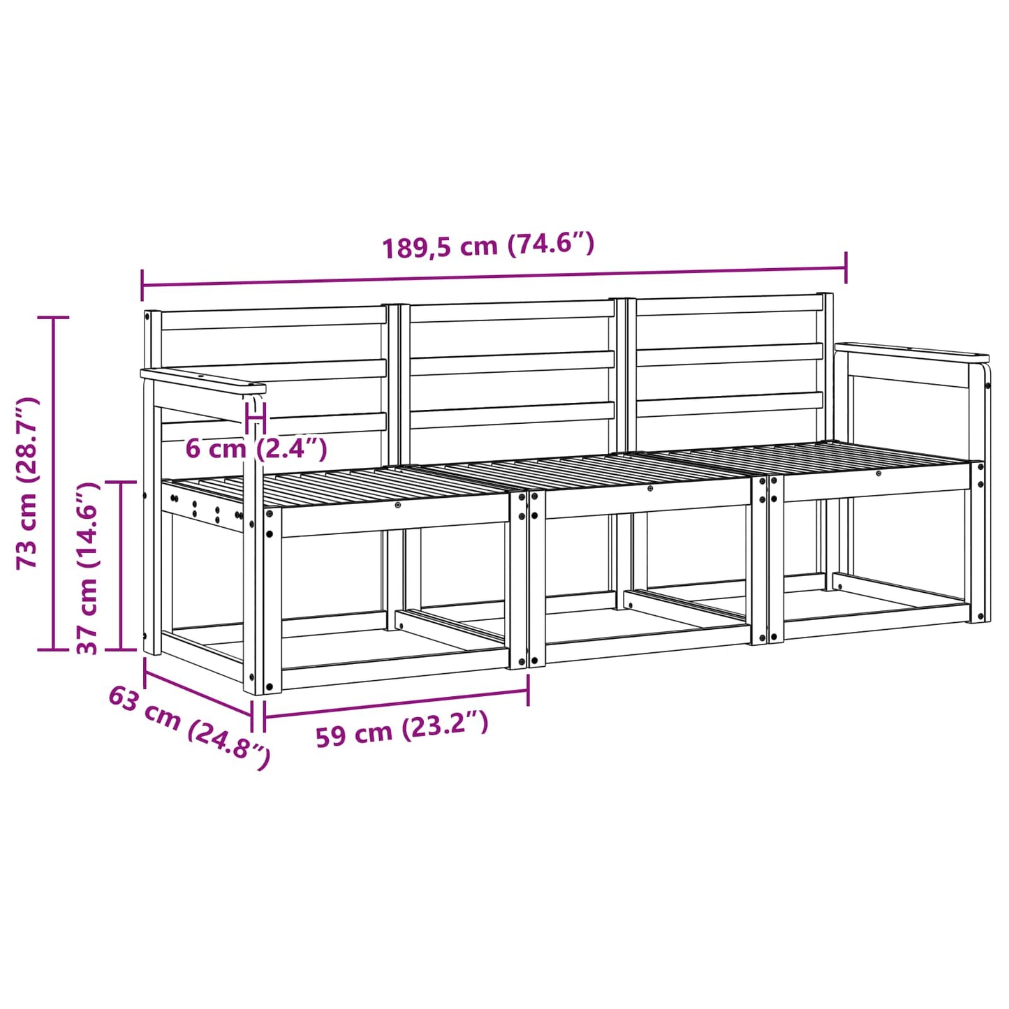 Outdoor Sofa Set 3 pcs White 189.5 x 63 x 73 cm