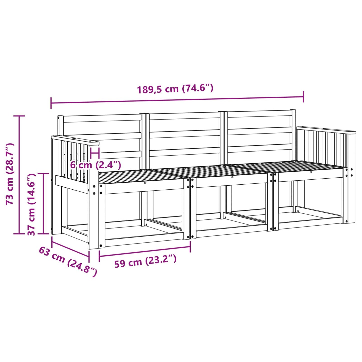 Outdoor Sofa Set 3 pcs White 189.5 x 63 x 73 cm