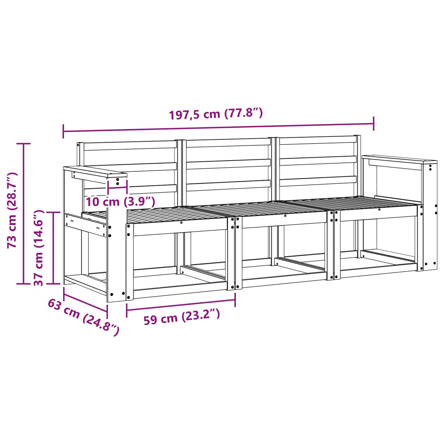Outdoor Sofa Set 3 pcs White 197.5 x 63 x 73 cm