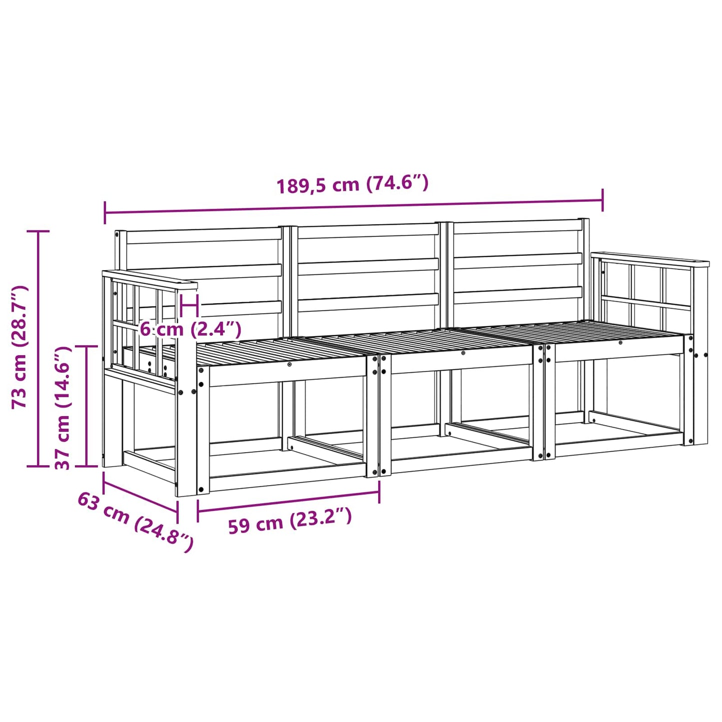 Outdoor Sofa Set 3 pcs White 189.5 x 63 x 73 cm