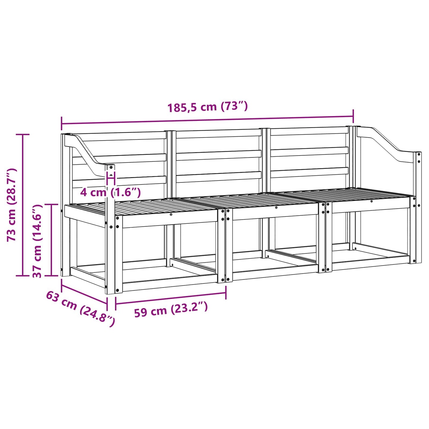 Outdoor Sofa Set 3 pcs White 185.5 x 63 x 73 cm