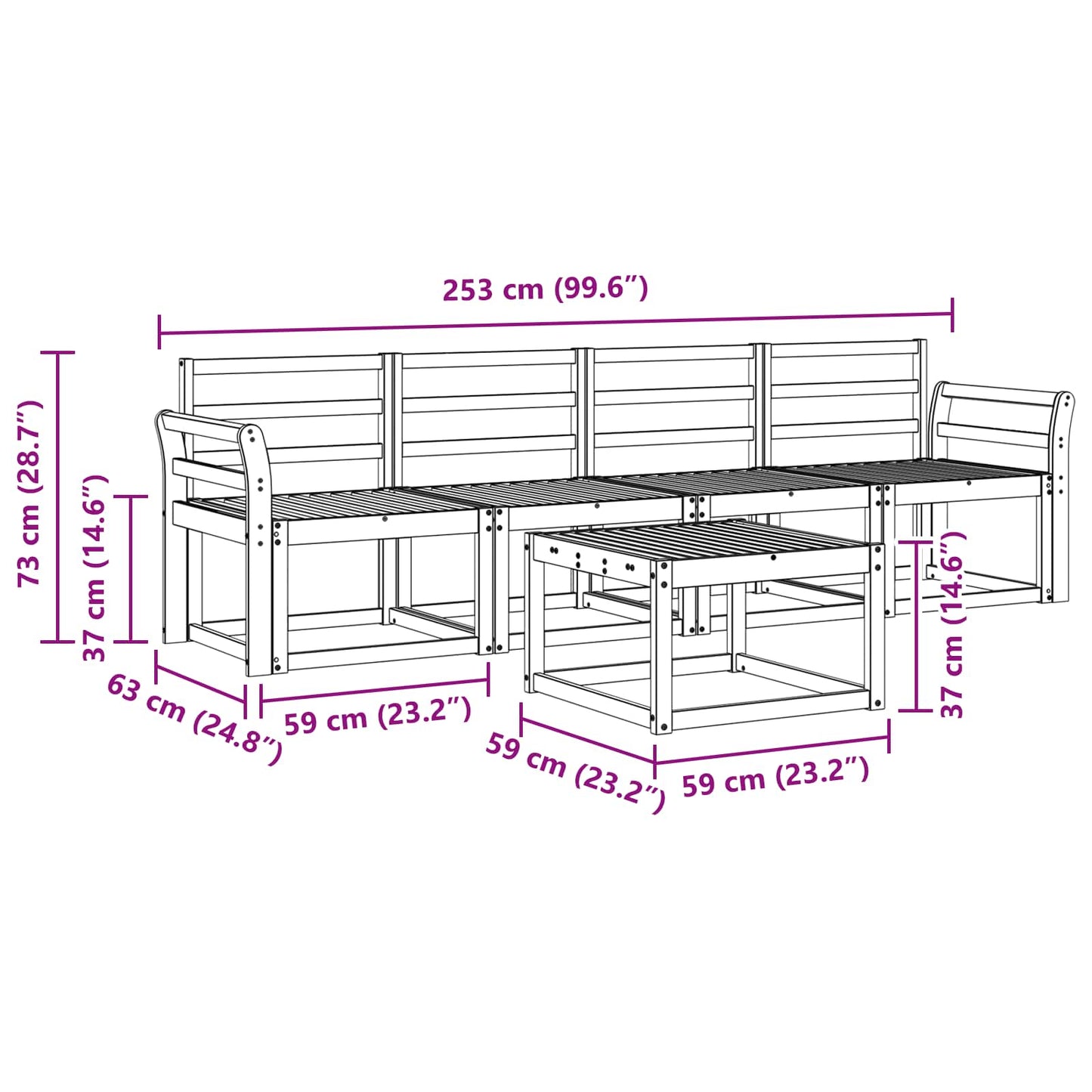 Outdoor Sofa Set 5 pcs White 59 x 59 x 37 cm Solid Acacia Wood