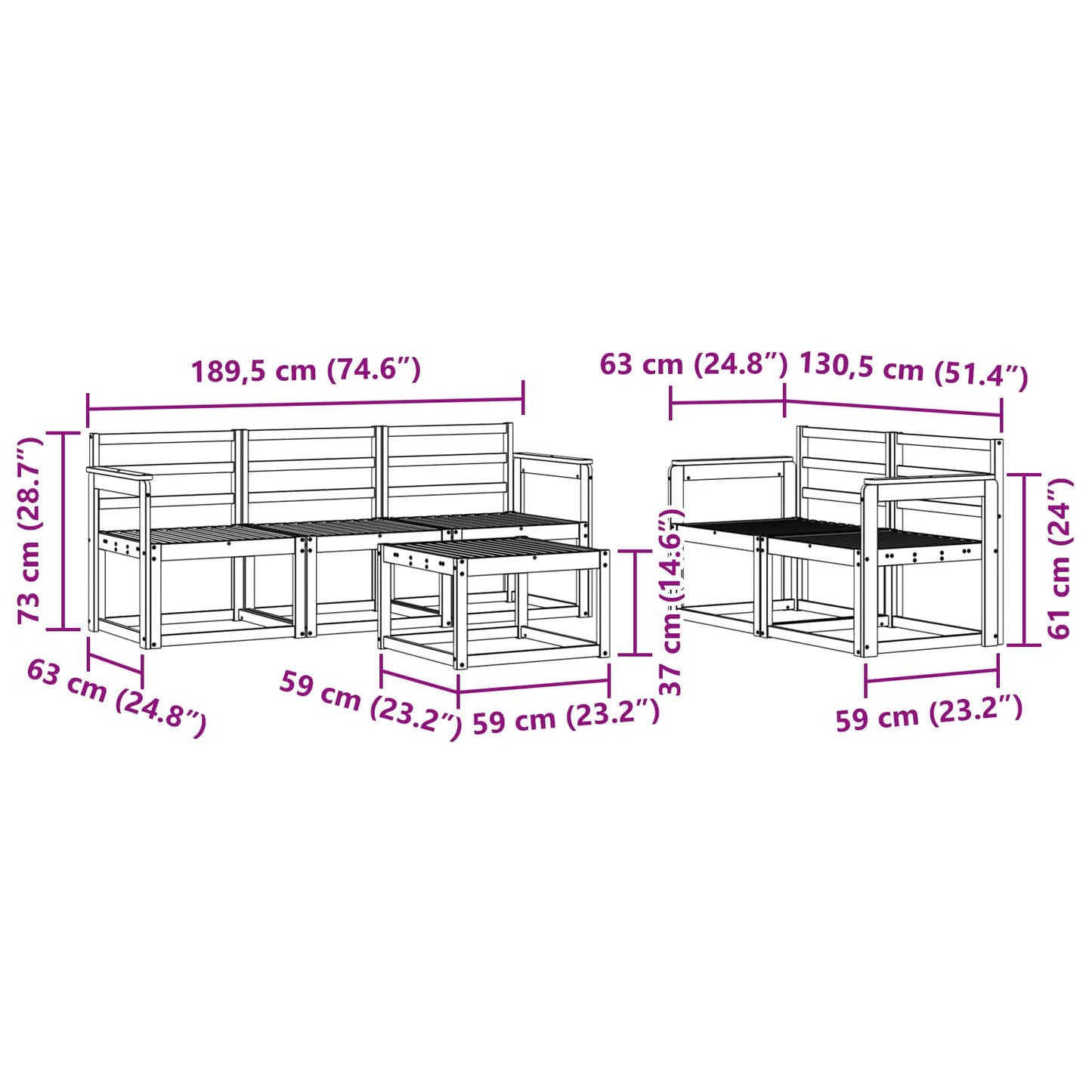 Outdoor Sofa Set 6 pcs White 59 x 59 x 37 cm Solid Acacia Wood