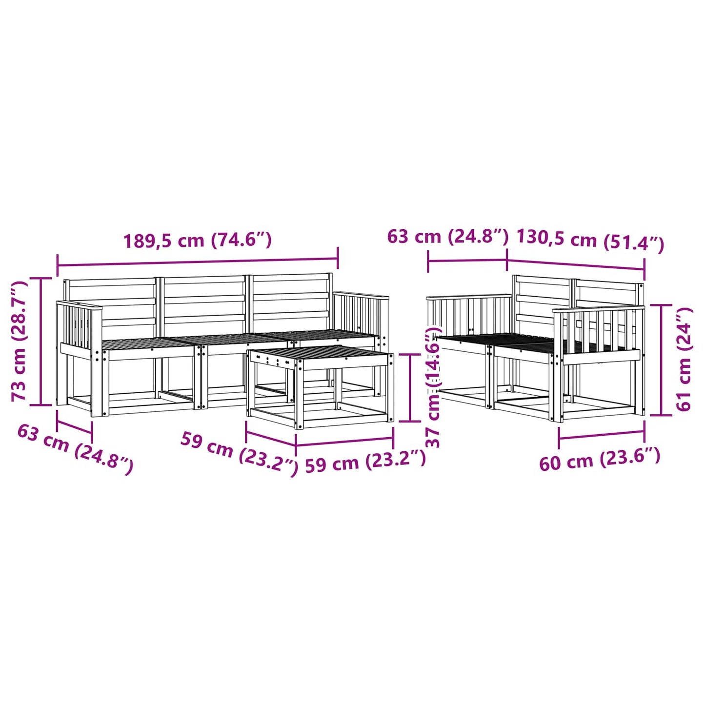 Outdoor Sofa Set 6 pcs White 59 x 59 x 37 cm Solid Acacia Wood