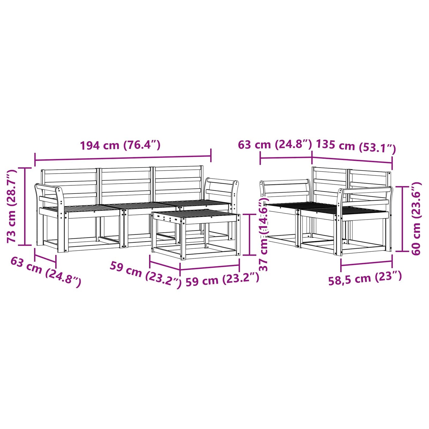 Outdoor Sofa Set 6 pcs White 59 x 59 x 37 cm Solid Acacia Wood