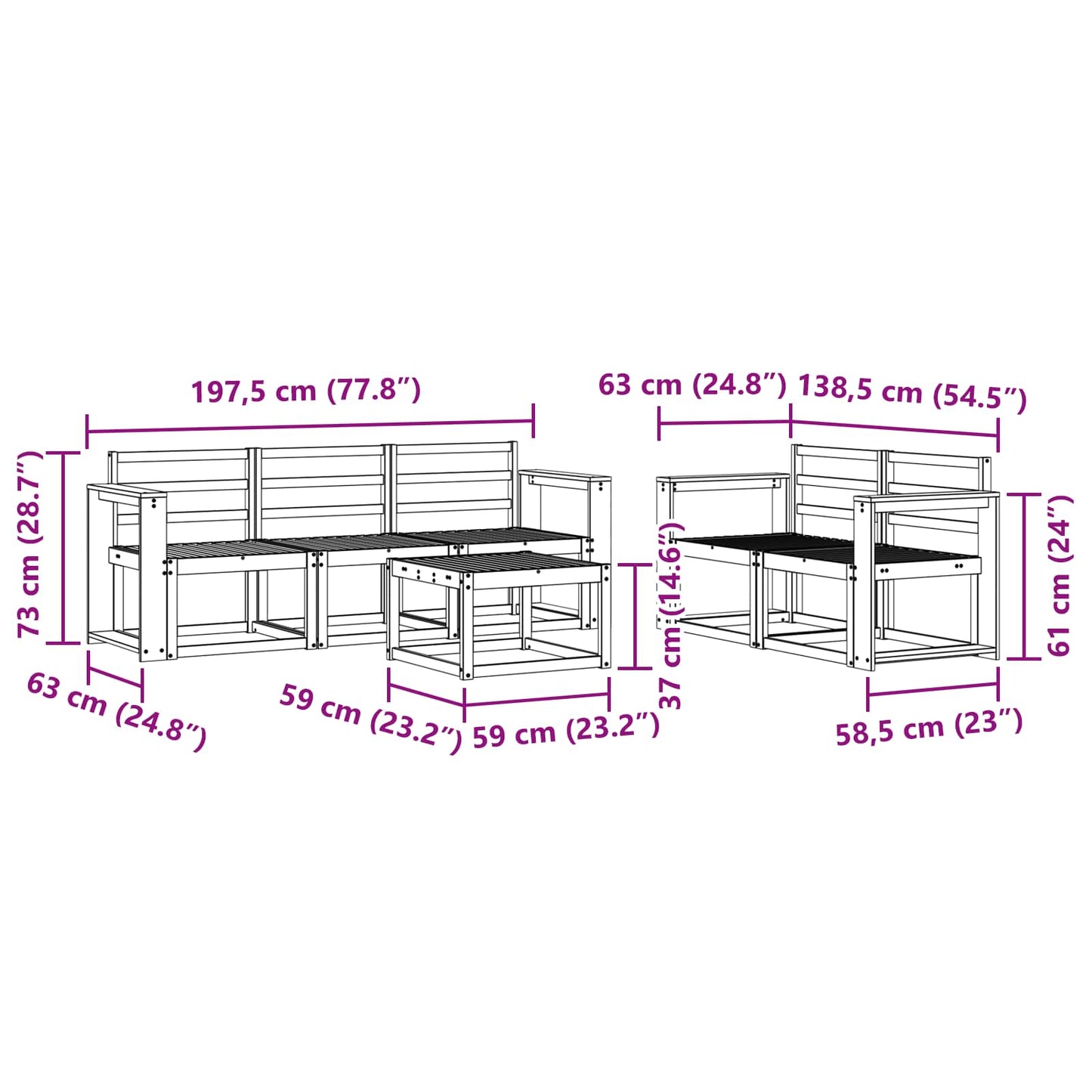 Outdoor Sofa Set 6 pcs White 59 x 59 x 37 cm Solid Acacia Wood