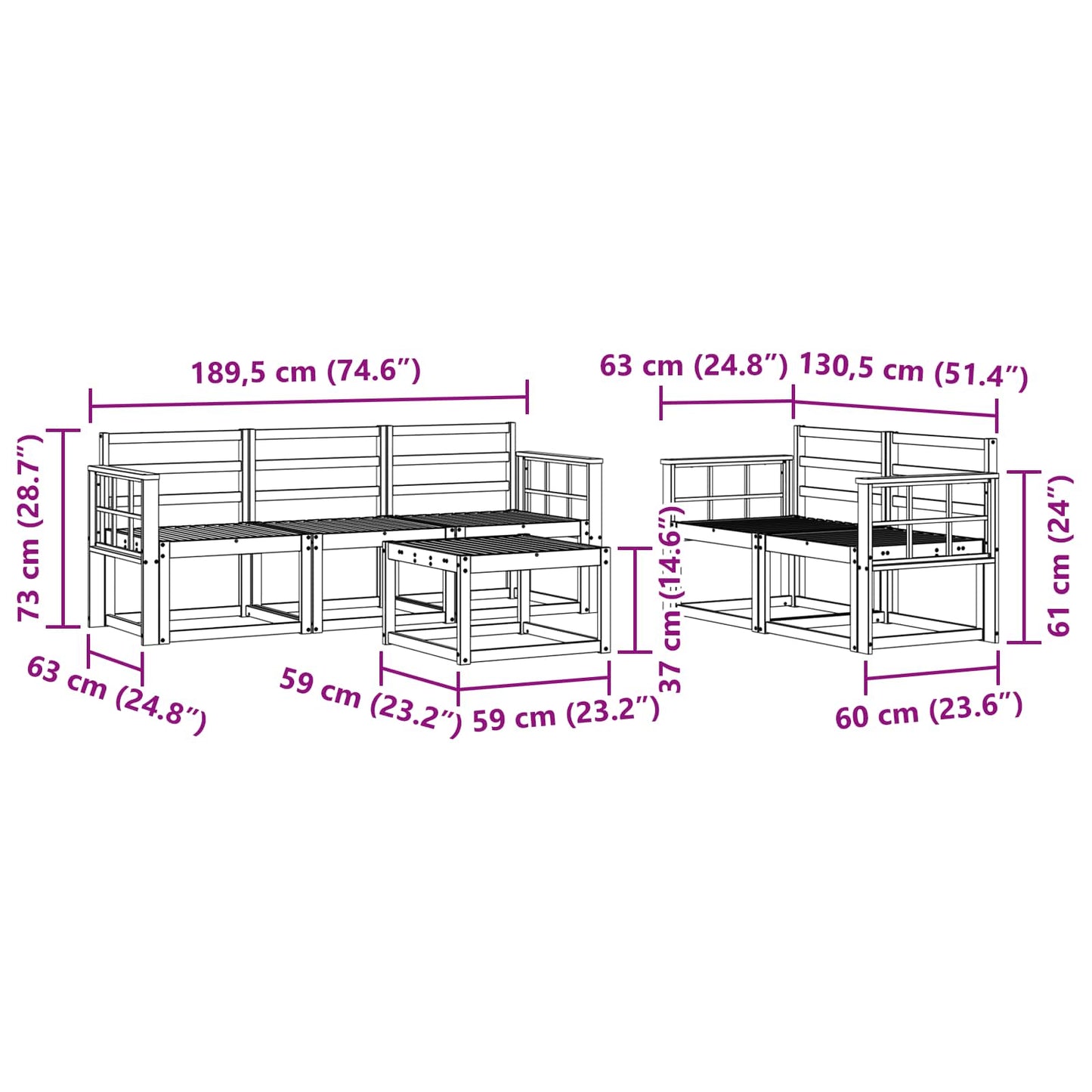 Outdoor Sofa Set 6 pcs White 59 x 59 x 37 cm Solid Acacia Wood