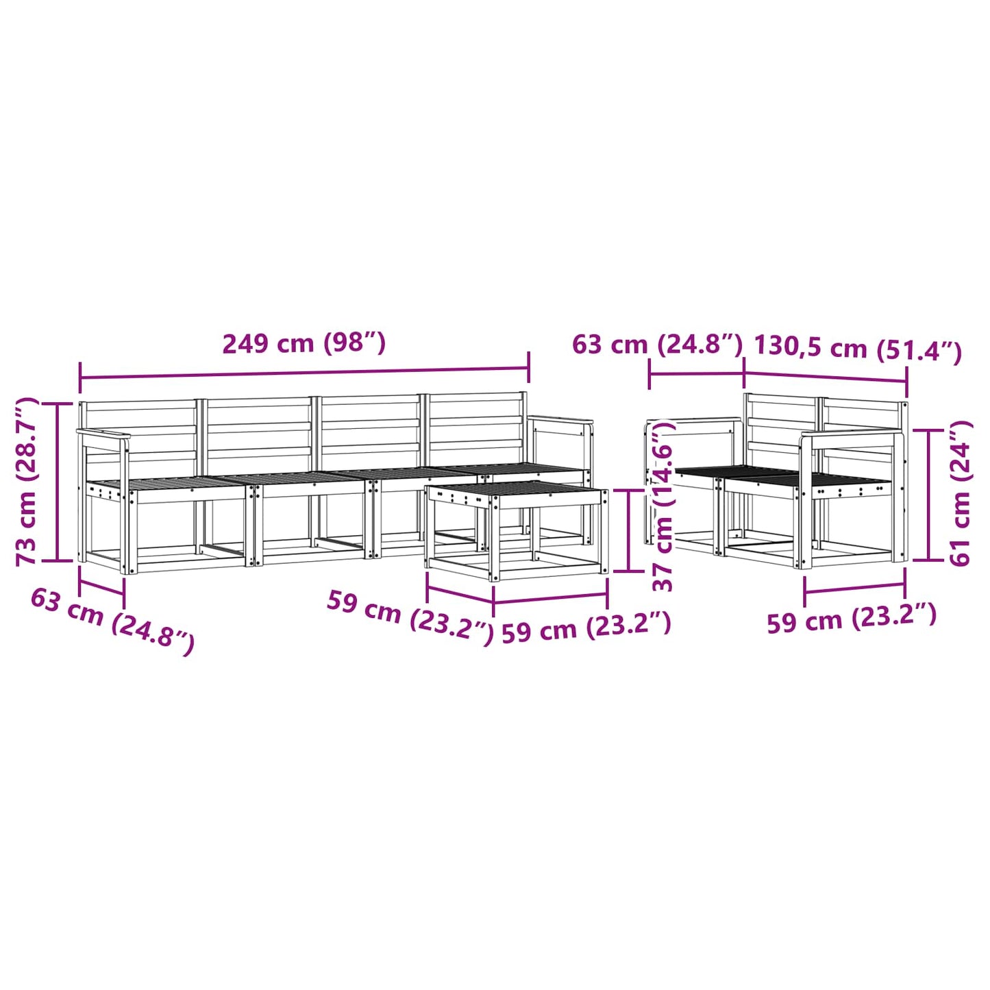 Outdoor Sofa Set 7 pcs White 59 x 59 x 37 cm Solid Acacia Wood