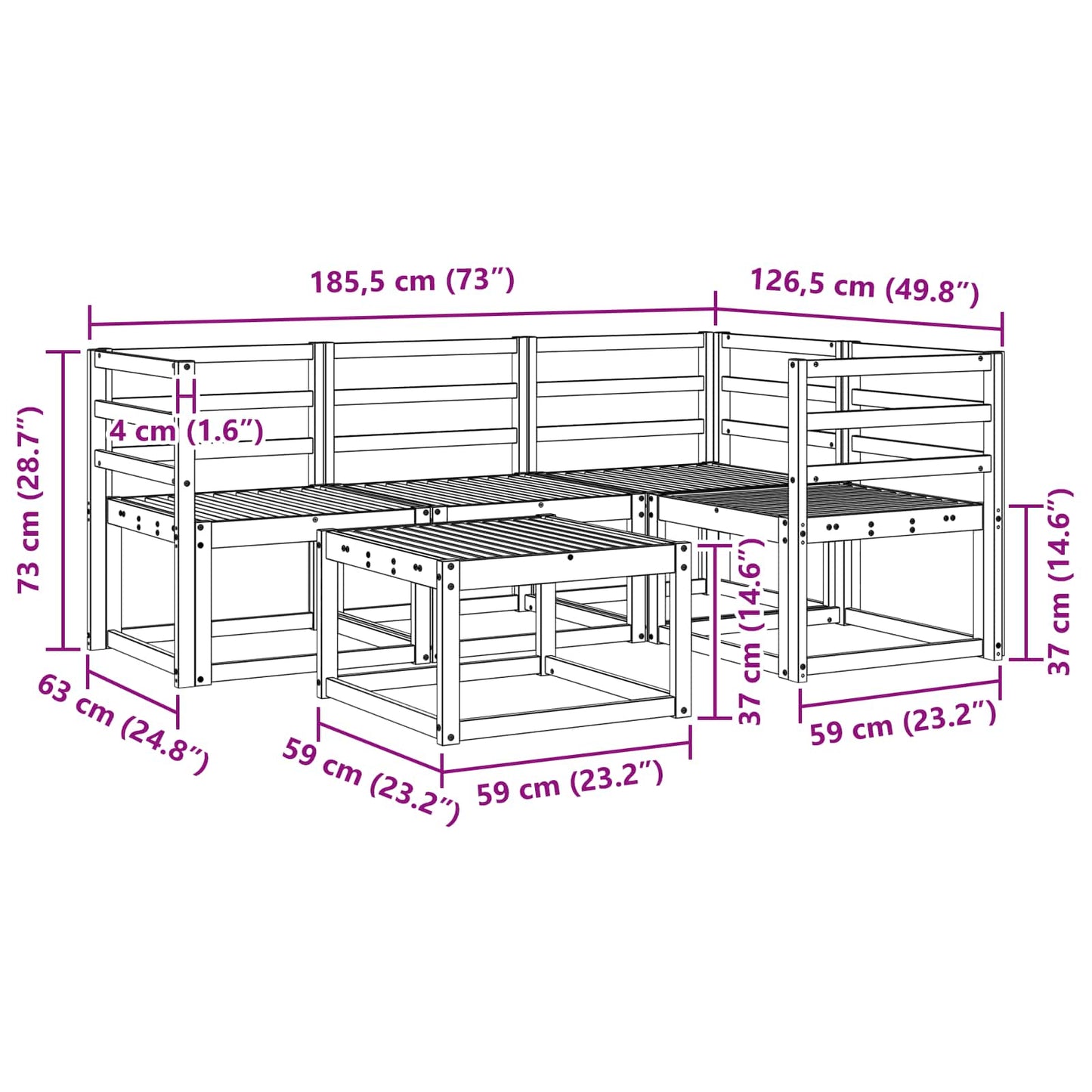 Outdoor Sofa Set 5 pcs White 59 x 59 x 37 cm Solid Acacia Wood