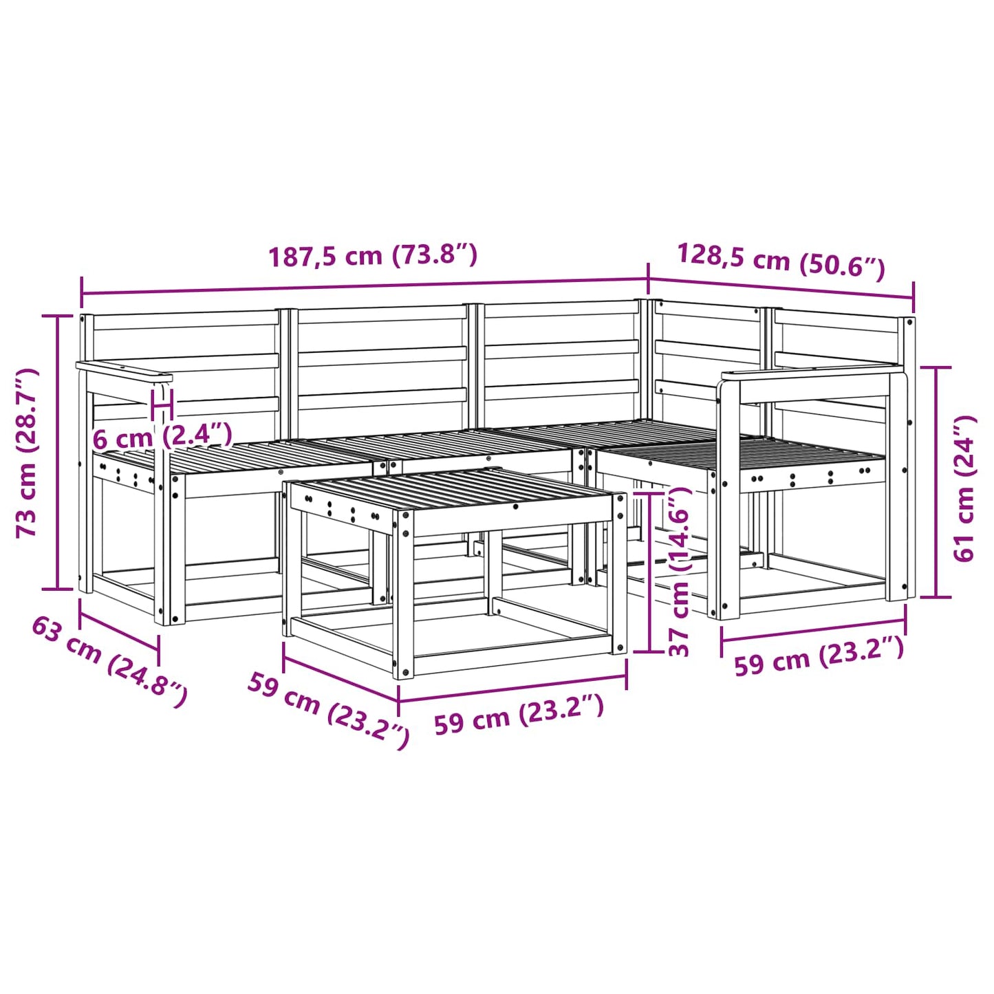 Outdoor Sofa Set 5 pcs White 59 x 59 x 37 cm Solid Acacia Wood