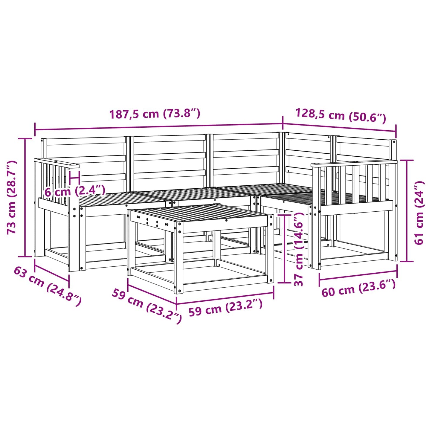 Outdoor Sofa Set 5 pcs White 59 x 59 x 37 cm Solid Acacia Wood