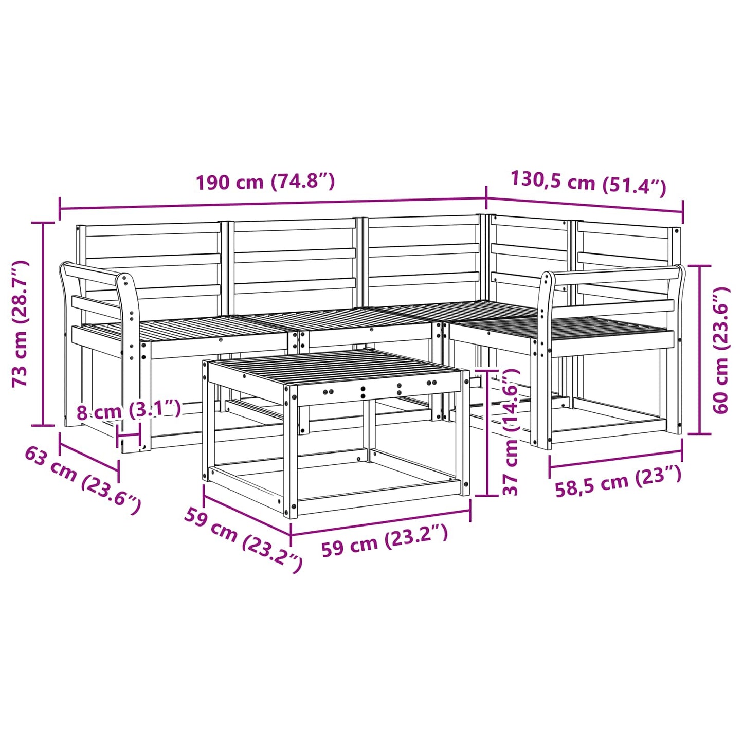 Outdoor Sofa Set 5 pcs White 59 x 59 x 37 cm Solid Acacia Wood