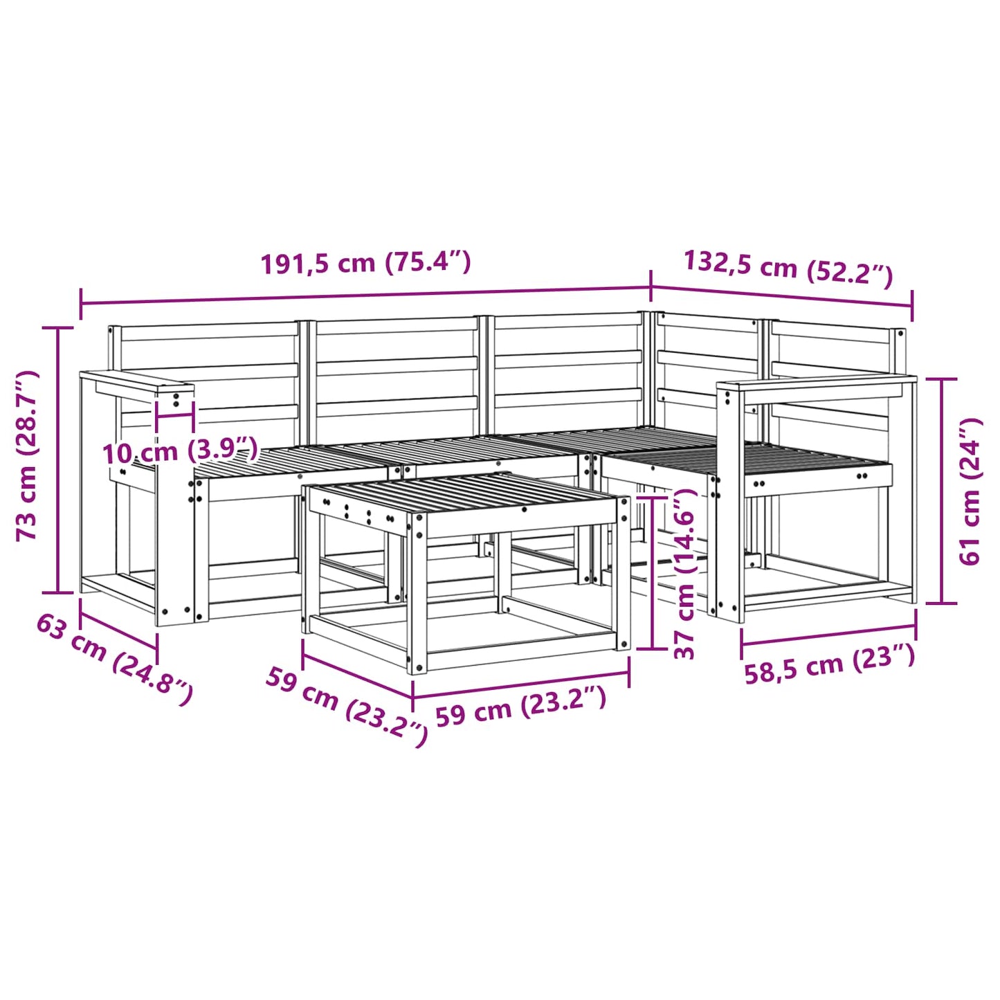 Outdoor Sofa Set 5 pcs White 59 x 59 x 37 cm Solid Acacia Wood