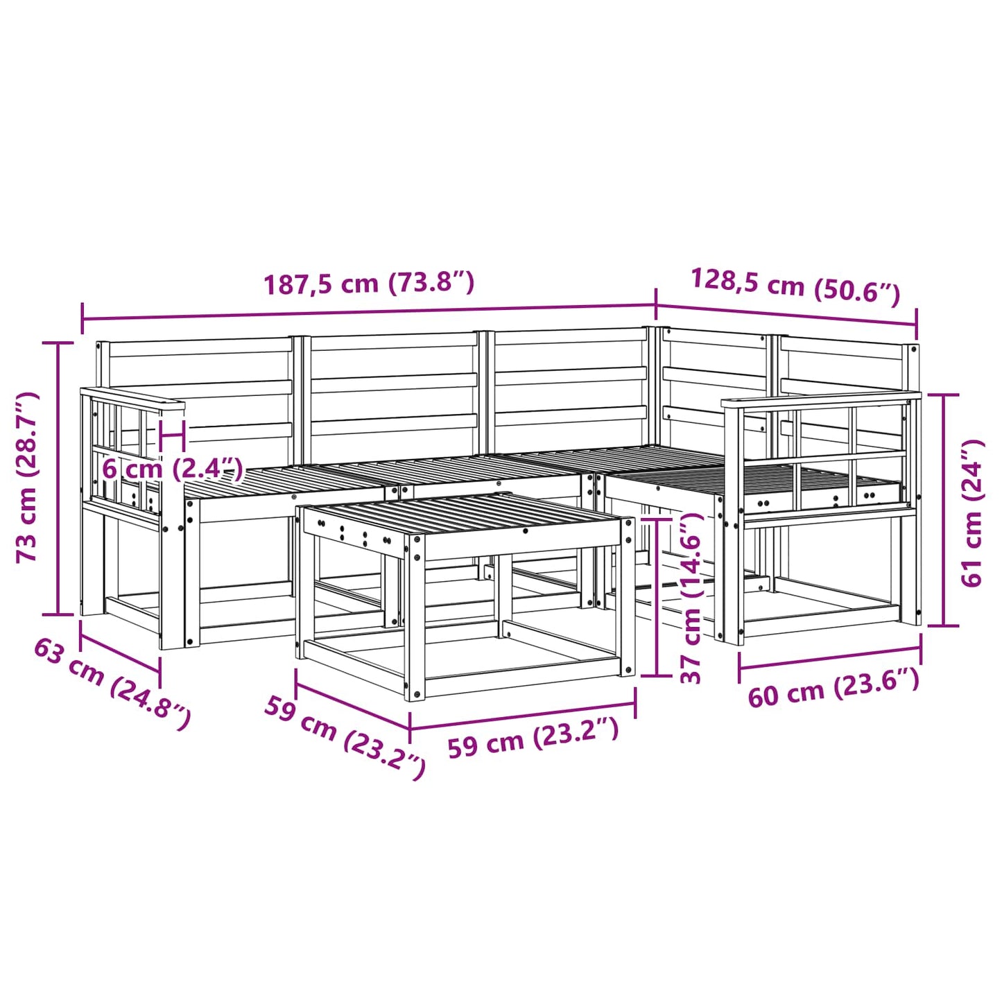 Outdoor Sofa Set 5 pcs White 59 x 59 x 37 cm Solid Acacia Wood